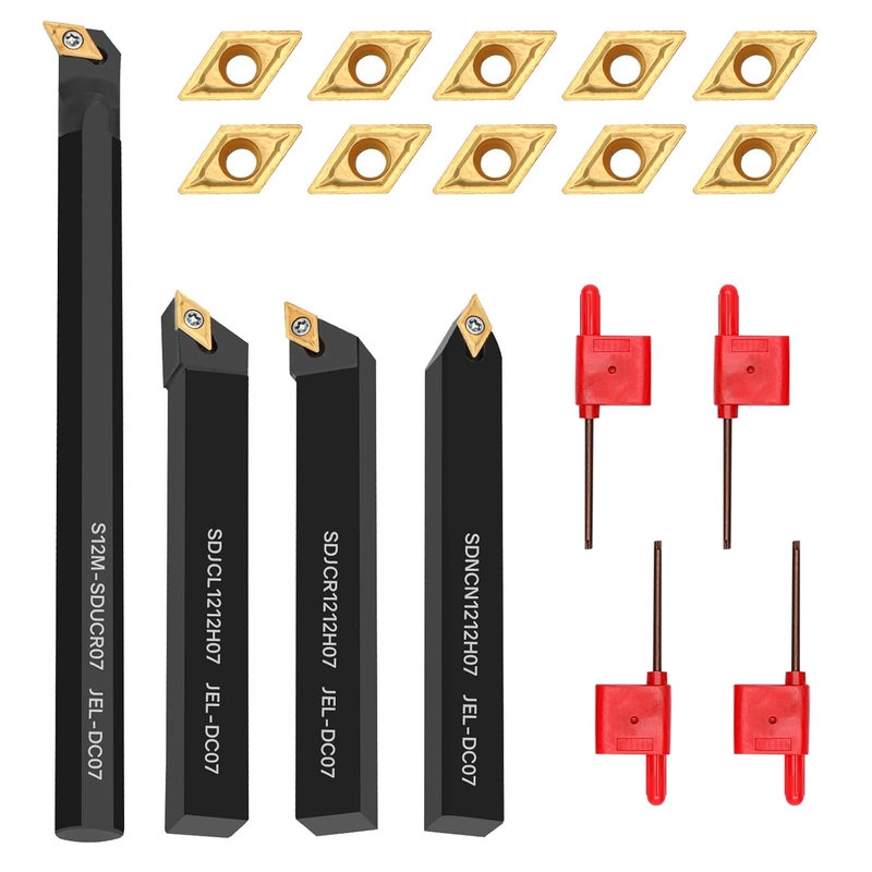 Joogto Indexable Lathe Turning Tool 1/2" 12mm Shank 14PCS Kit-4PCS Metal Lathe Tools Holder 10PCS DCMT21.51 Carbide Insert for Grooving Turning Boring SDNCN12120H07/SDJCR1212H07/S12M-SDUCR07/SDJCL1212H07 - Image 1